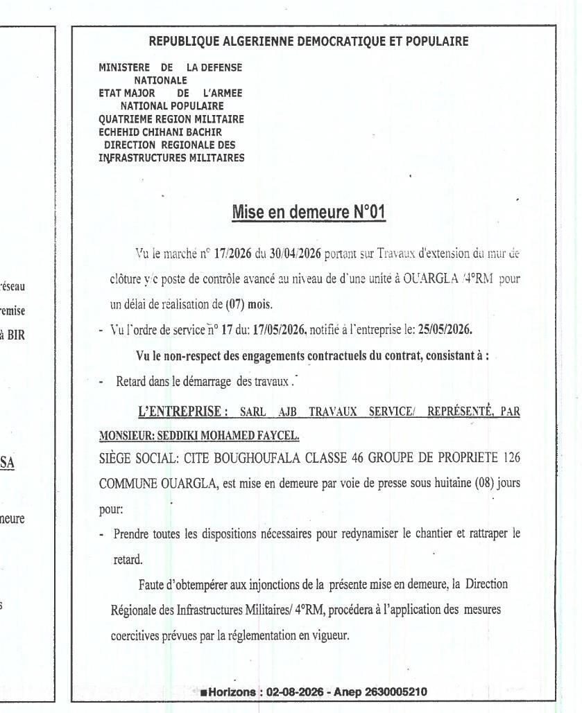 Mise en demeure pour non-respect des engagements contractuels relatifs aux travaux d'extension du mur de clôture