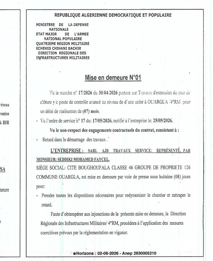 Mise en demeure pour non-respect des engagements contractuels relatifs aux travaux d'extension du mur de clôture