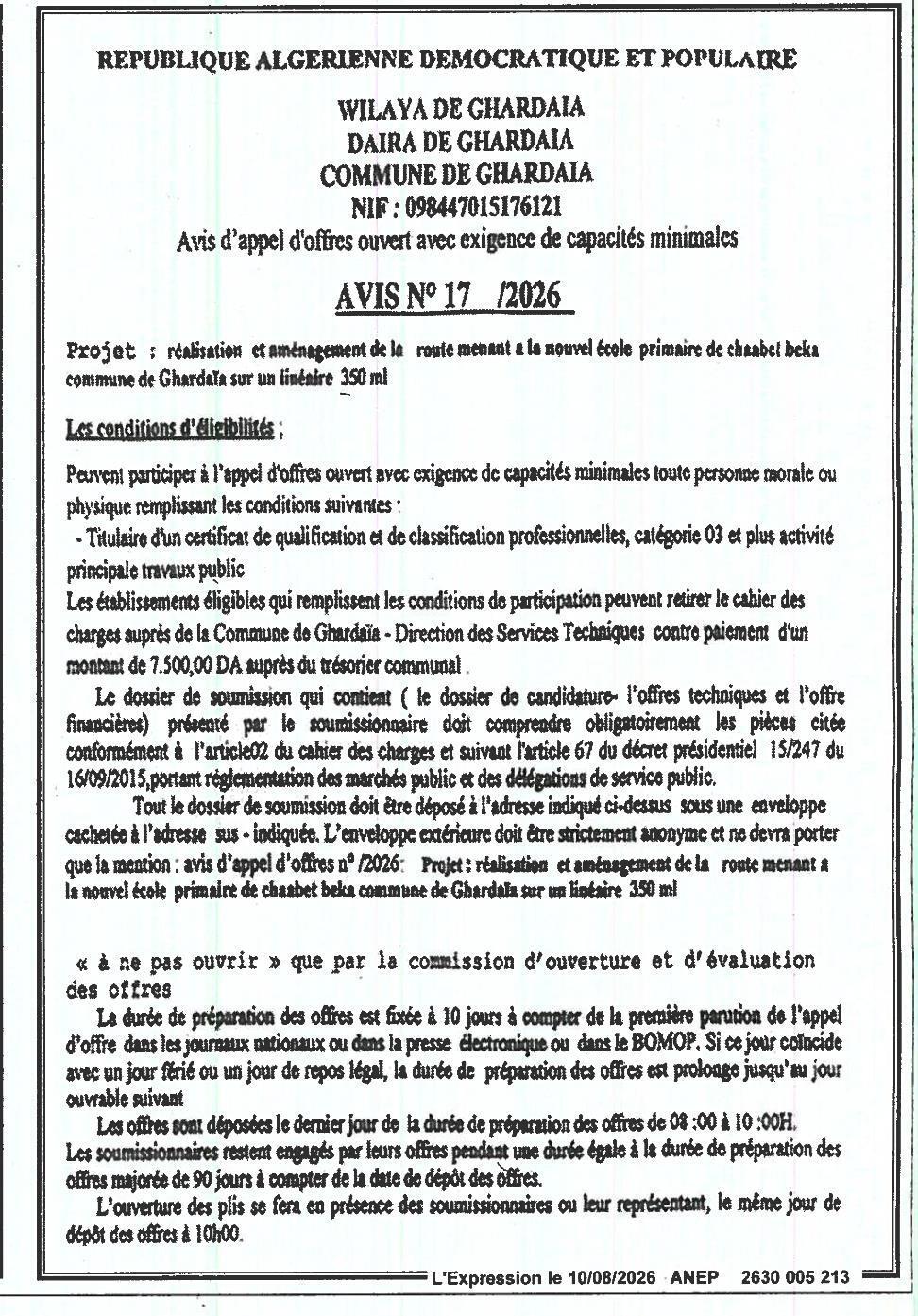 Avis d'appel d'offres national ouvert pour la réalisation et l'aménagement d'une route menant à une école primaire à Chaabet Beka (Ghardaïa)