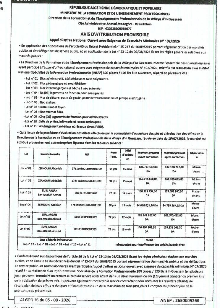 Avis d'attribution provisoire pour la réalisation d'un Institut National Spécialisé de la Formation Professionnelle (INSFP) à In Guezzam