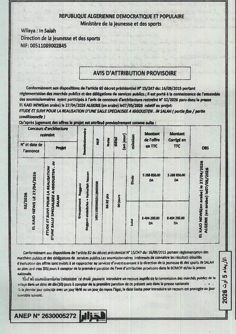 Attribution provisoire pour l'étude et le suivi de la réalisation d'une salle spécialisée à IgGOUSTEN (In Salah)