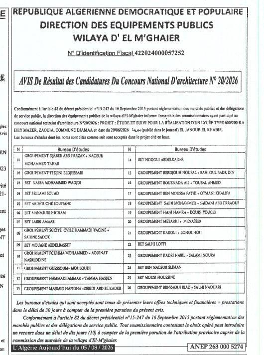 Avis d'attribution provisoire du marché pour l'étude et le suivi de réalisation d'un lycée type 600/200