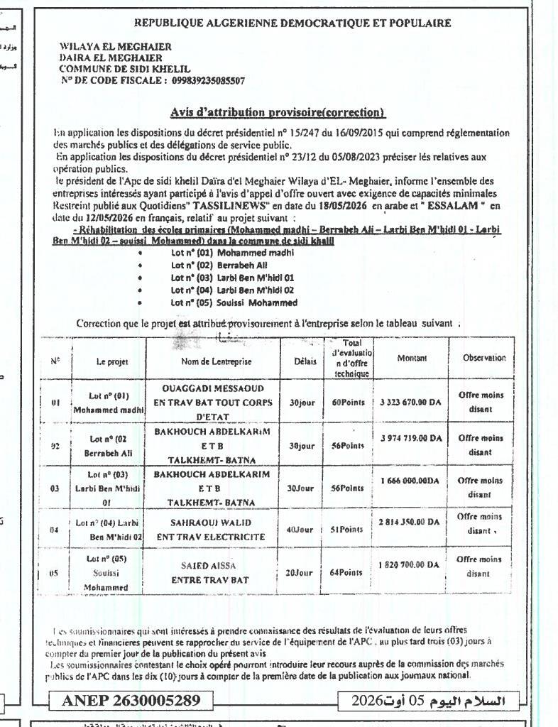 Avis d'attribution provisoire
