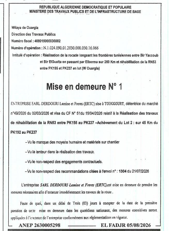 Mise en demeure relative à la réalisation de travaux de réhabilitation de la RN53