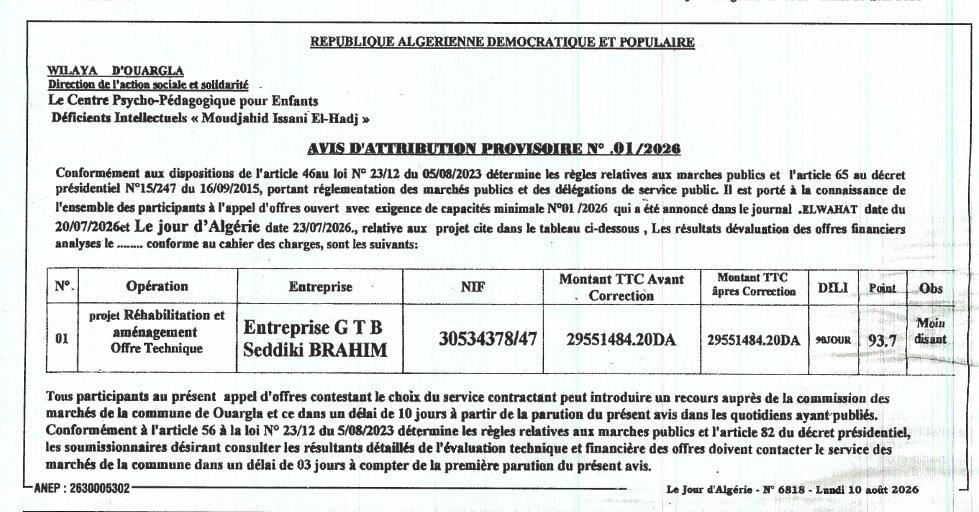 Avis d'attribution provisoire pour la réhabilitation et l'aménagement du Centre Psycho-Pédagogique pour Enfants Déficients Intellectuels « Moudjahid Issani El-Hadj »