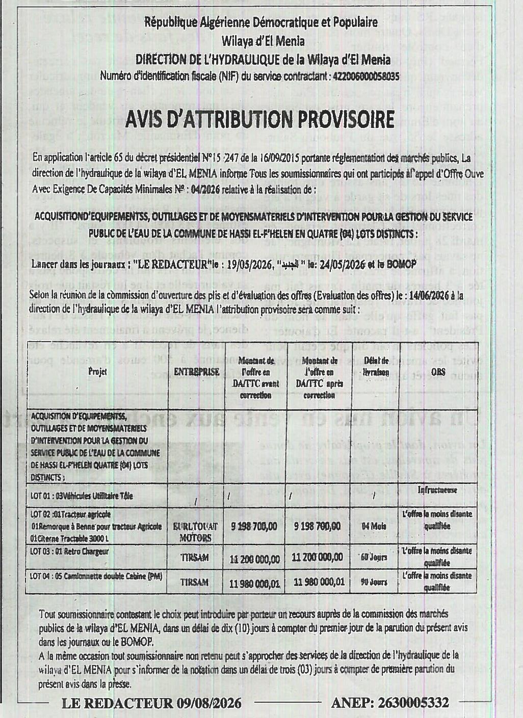 Avis d'attribution provisoire pour l'acquisition d'équipements pour la gestion du service public de l'eau de la commune de Hassi El-F'helen