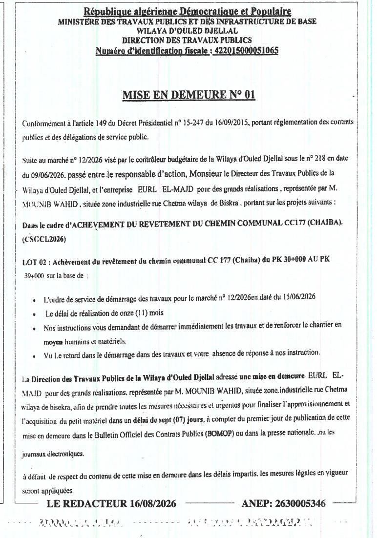 Mise en demeure pour retard de démarrage de travaux publics