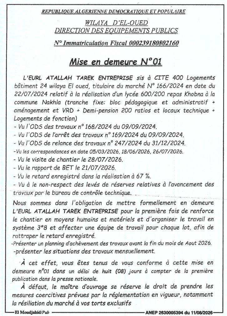 Mise en demeure pour retard et non-respect des obligations contractuelles dans la réalisation d'un lycée
