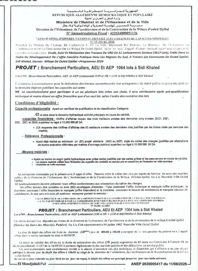 Appel d'offres national ouvert pour étude, suivi et réalisation des travaux de VRD de 11 lotissements sociaux (3617 lots) – Programme 2024