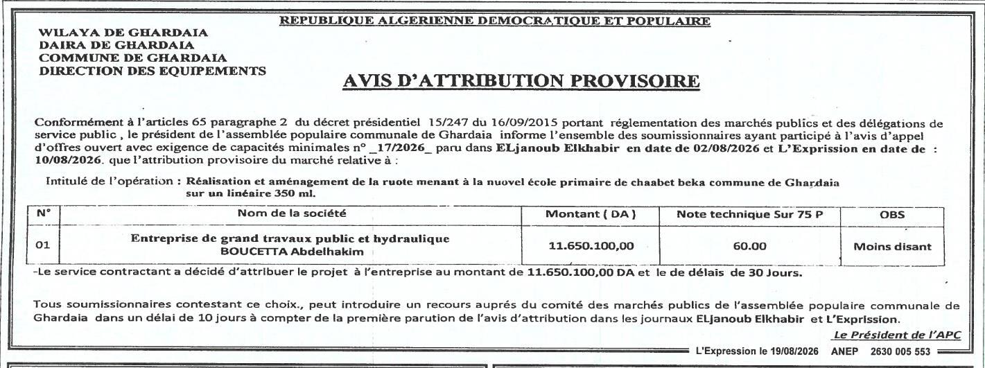 Avis d'attribution provisoire pour la réalisation et l'aménagement d'une route menant à une école primaire