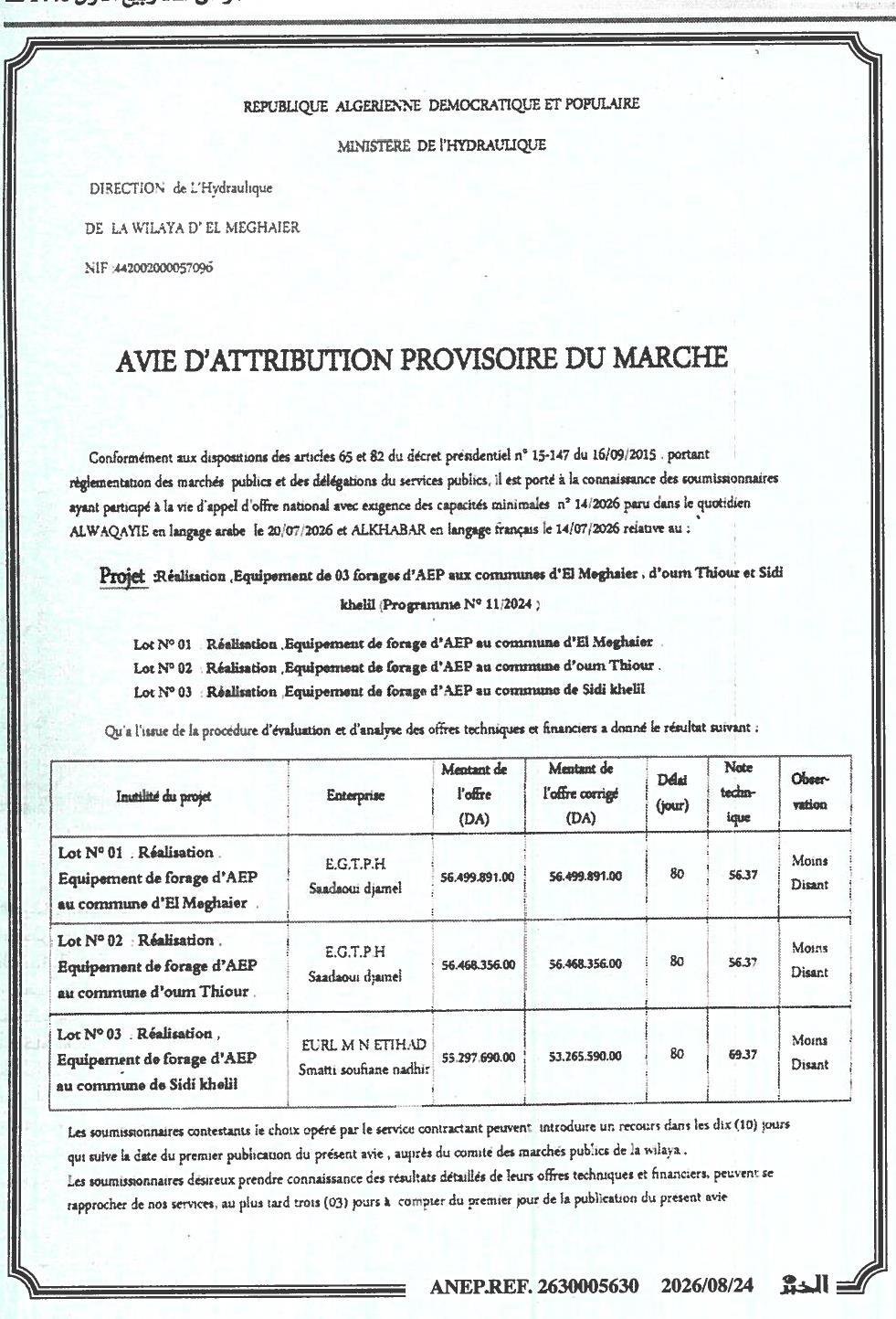 Avis d'attribution provisoire du marché pour la réalisation et l'équipement de 03 forages d'AEP dans les communes d'El Meghaier, Oum Thiour et Sidi Khelil