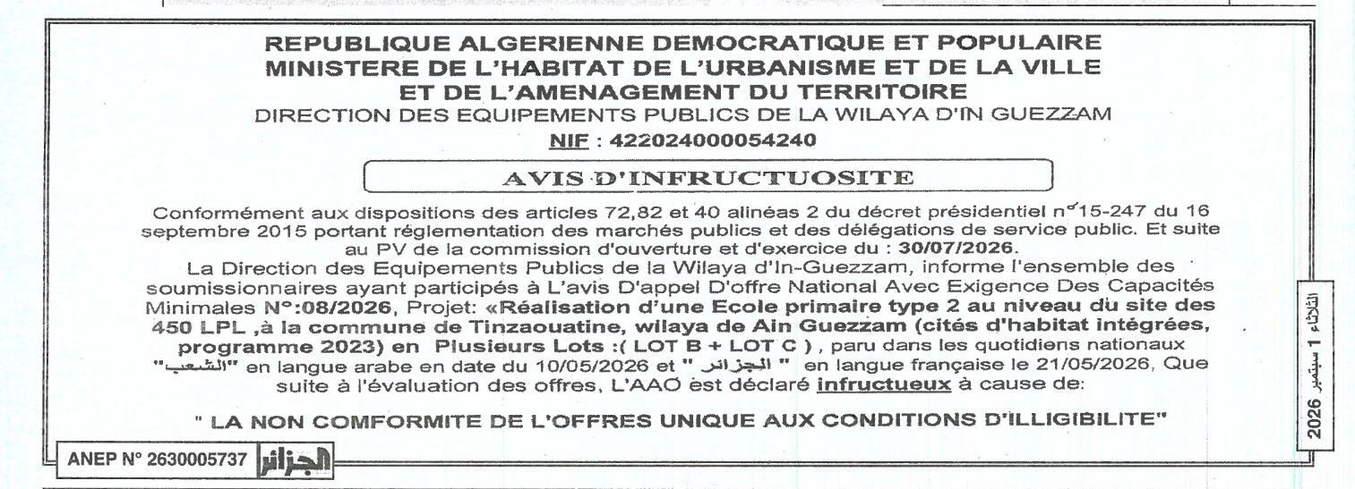 Avis d'infructuosité pour la réalisation d'une école primaire type 2 (lots B et C) à Tinzaouatine