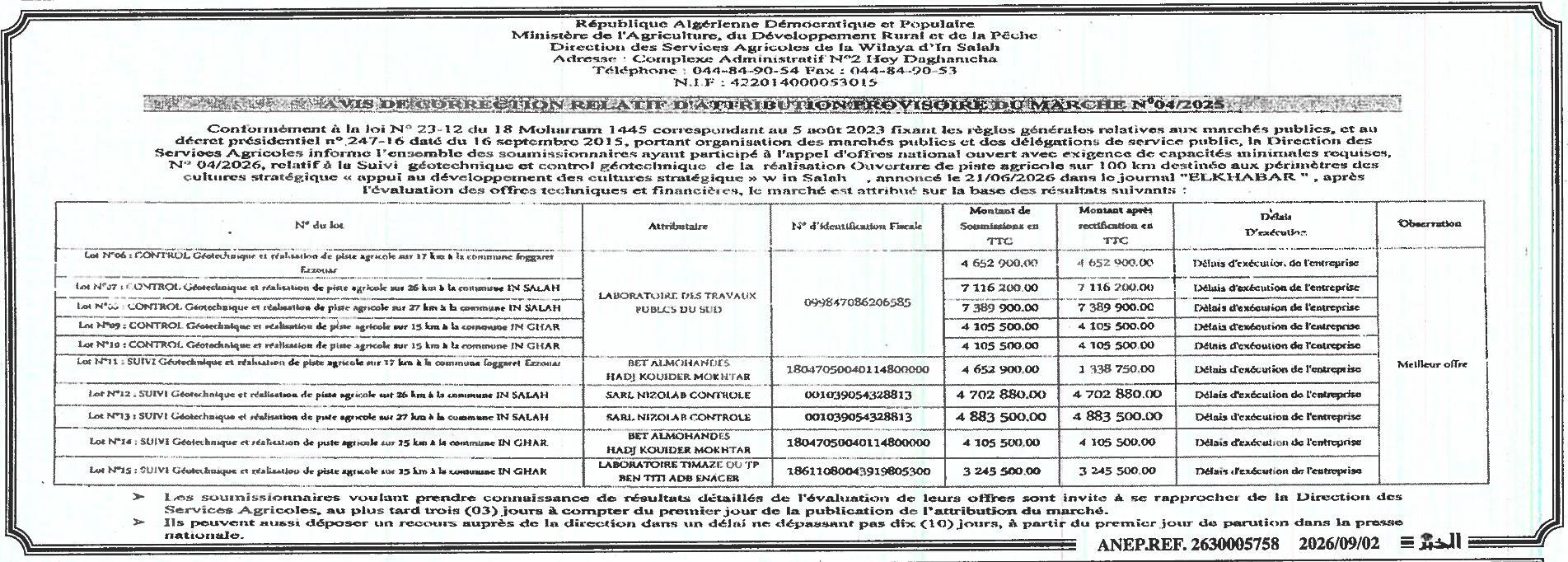 Avis d'attribution provisoire du marché n°04/2025