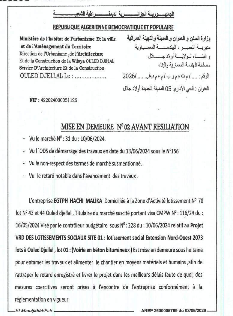 Mise en demeure avant résiliation pour non-respect des termes d'un marché de travaux publics
