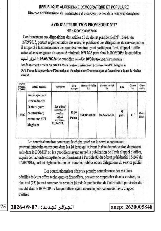 Aménagement urbain du cité 08 Mars (auto construction) commune d'El Meghaier