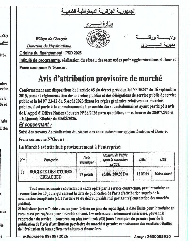 Attribution provisoire du marché pour la réalisation du réseau des eaux usées des agglomérations Bour et Frane, commune N'Goussa