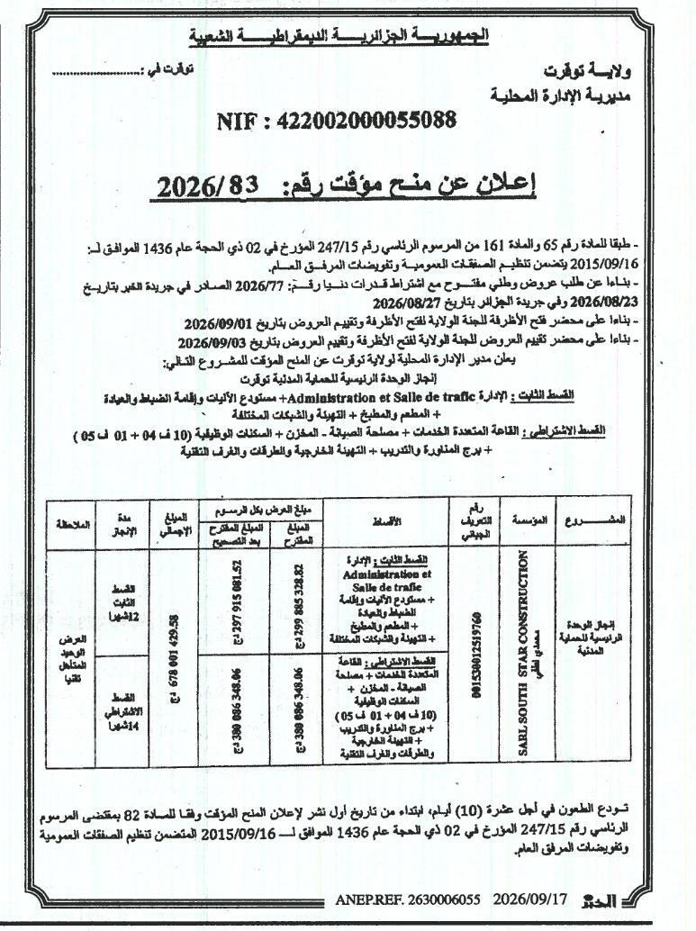 Avis d'attribution provisoire pour la réalisation de l'Unité principale de la Protection civile de Tiaret