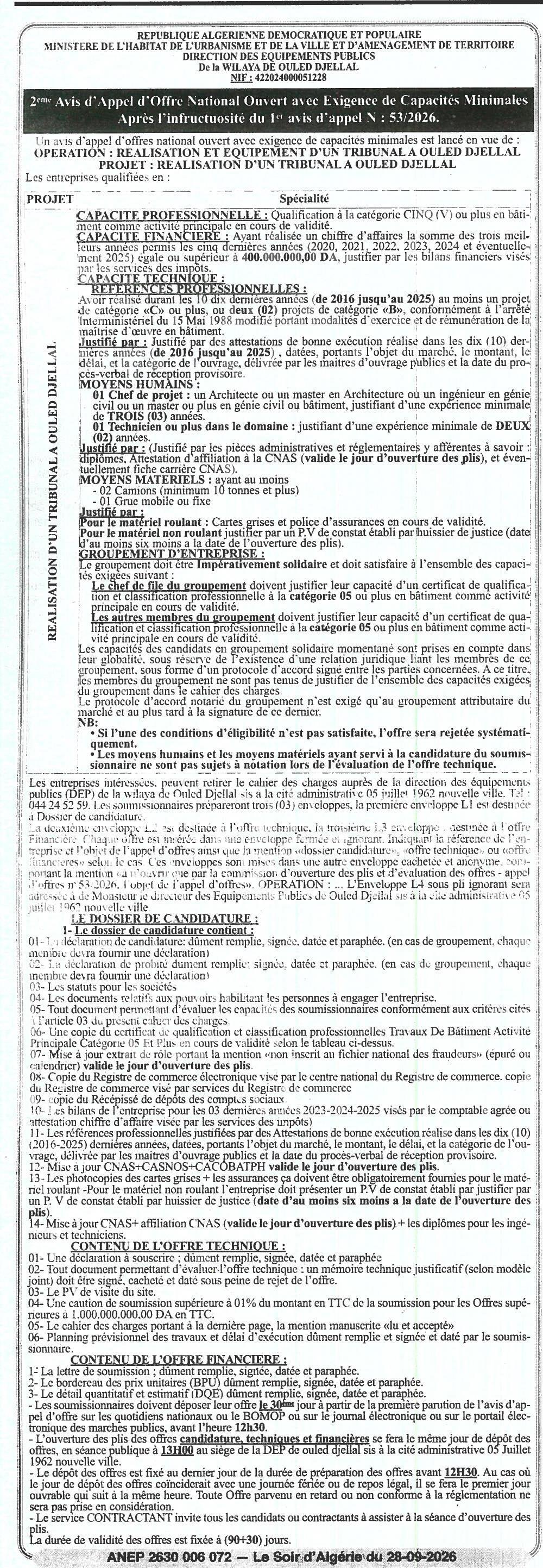 Réalisation et équipement d'un tribuna à Oulad Djalal