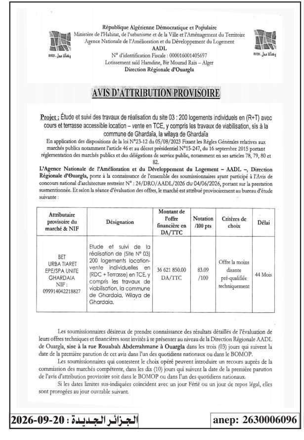 Avis d'attribution provisoire pour l'étude et le suivi des travaux de réalisation de 200 logements individuels à Ghardaïa