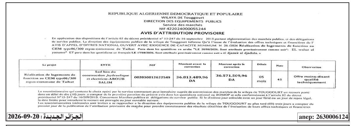 Avis d'attribution provisoire de marché pour la réalisation de logements de fonction au CEM type 06/300 repas à Taibat