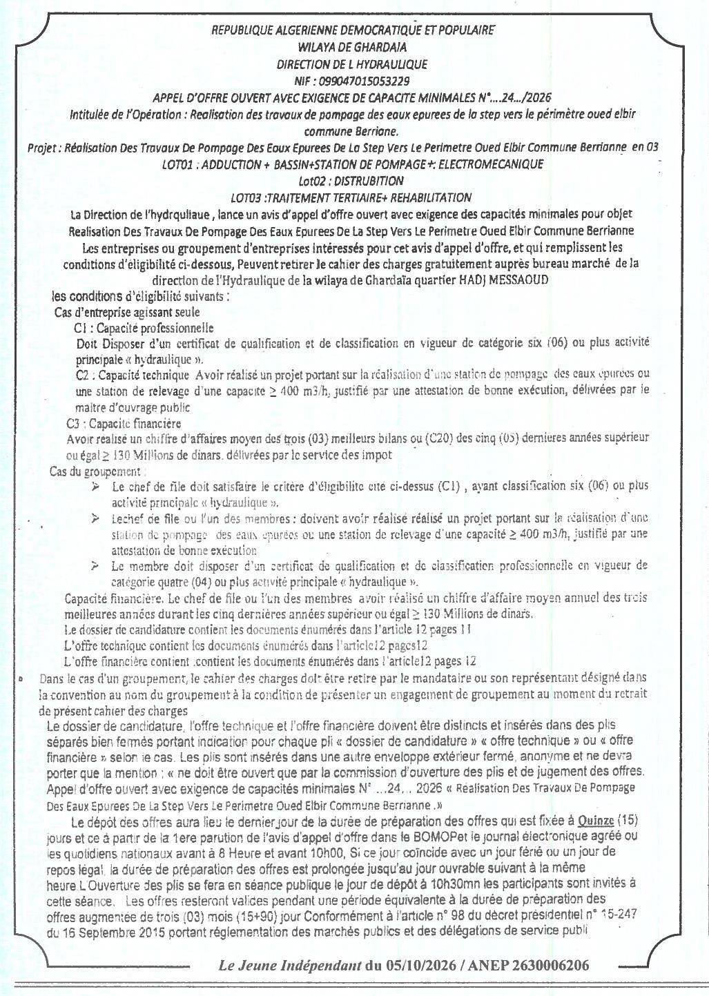 Réalisation des travaux de pompage des eaux épurées de la step vers le périmètre Oued Elbir (Commune de Berriane)