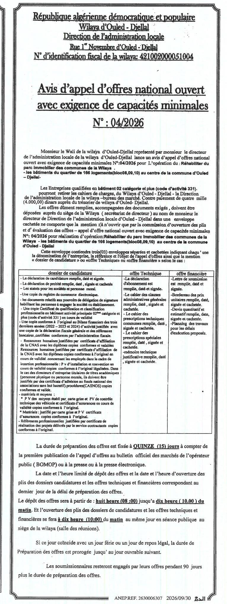 Réhabilitation du parc immobilier des communes de la wilaya d'Ouled-Djellal (166 logements)