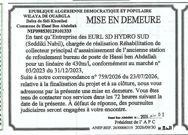 Mise en demeure pour non-respect des délais de réalisation des travaux de réhabilitation d'un collecteur d'assainissement