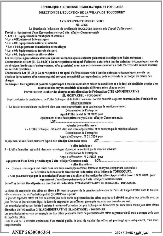 Équipement d'une école primaire type 2 (Cité El Fadjer, Commune Nezla)