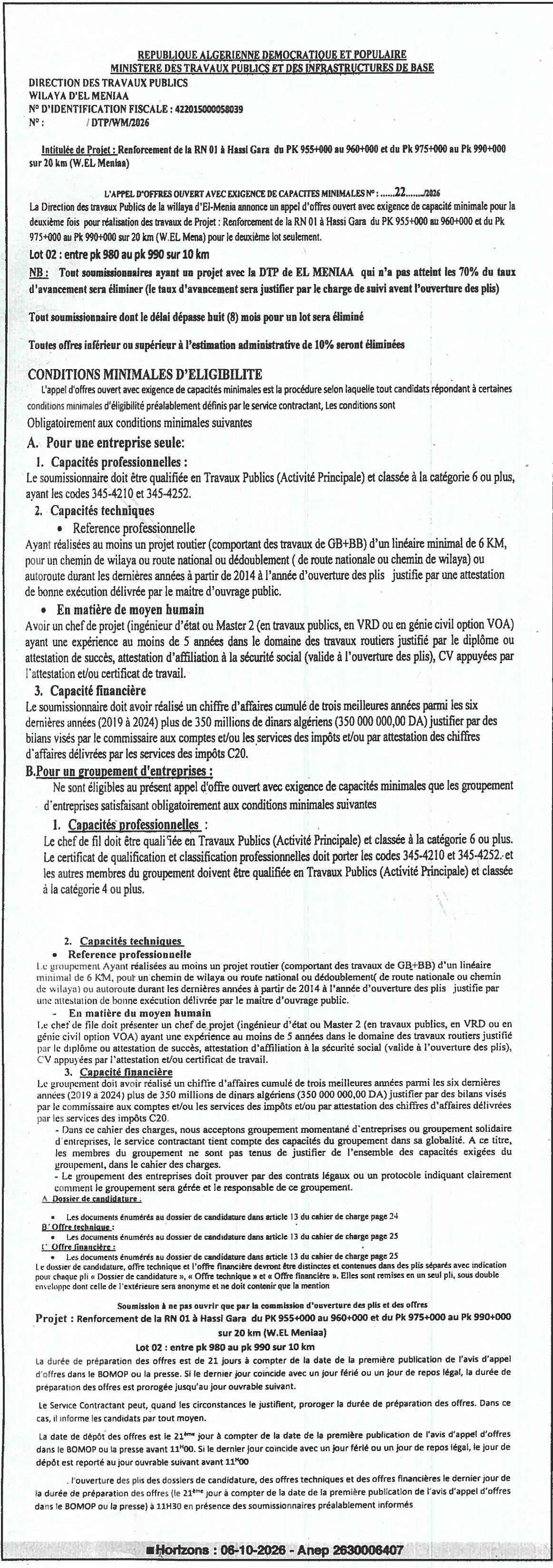 Renforcement de la RN 01 à Hand Gara (lot 02 : PK 980 au PK 990 sur 10 km)