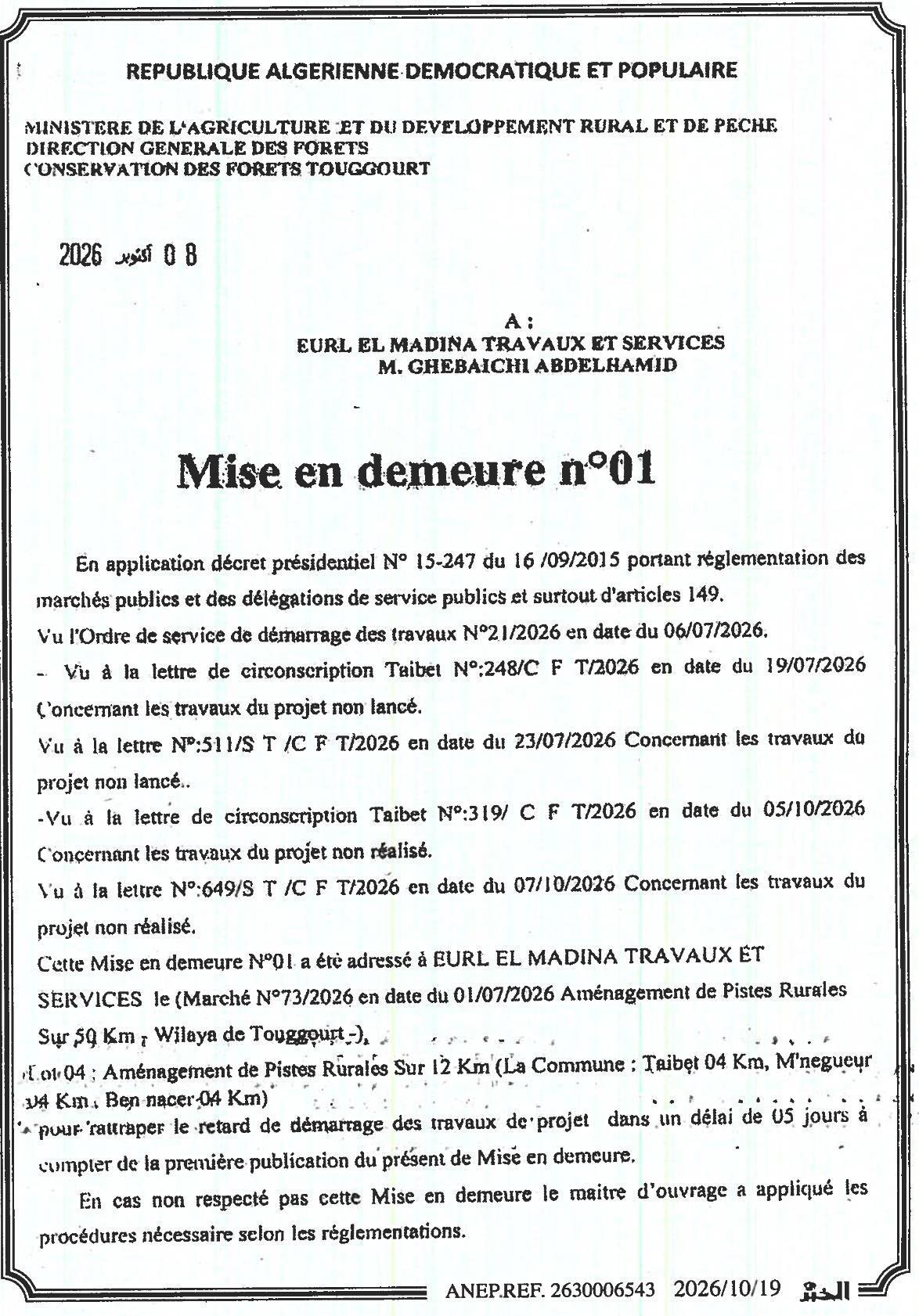 Mise en demeure pour retard dans l'exécution des travaux d'aménagement de pistes rurales