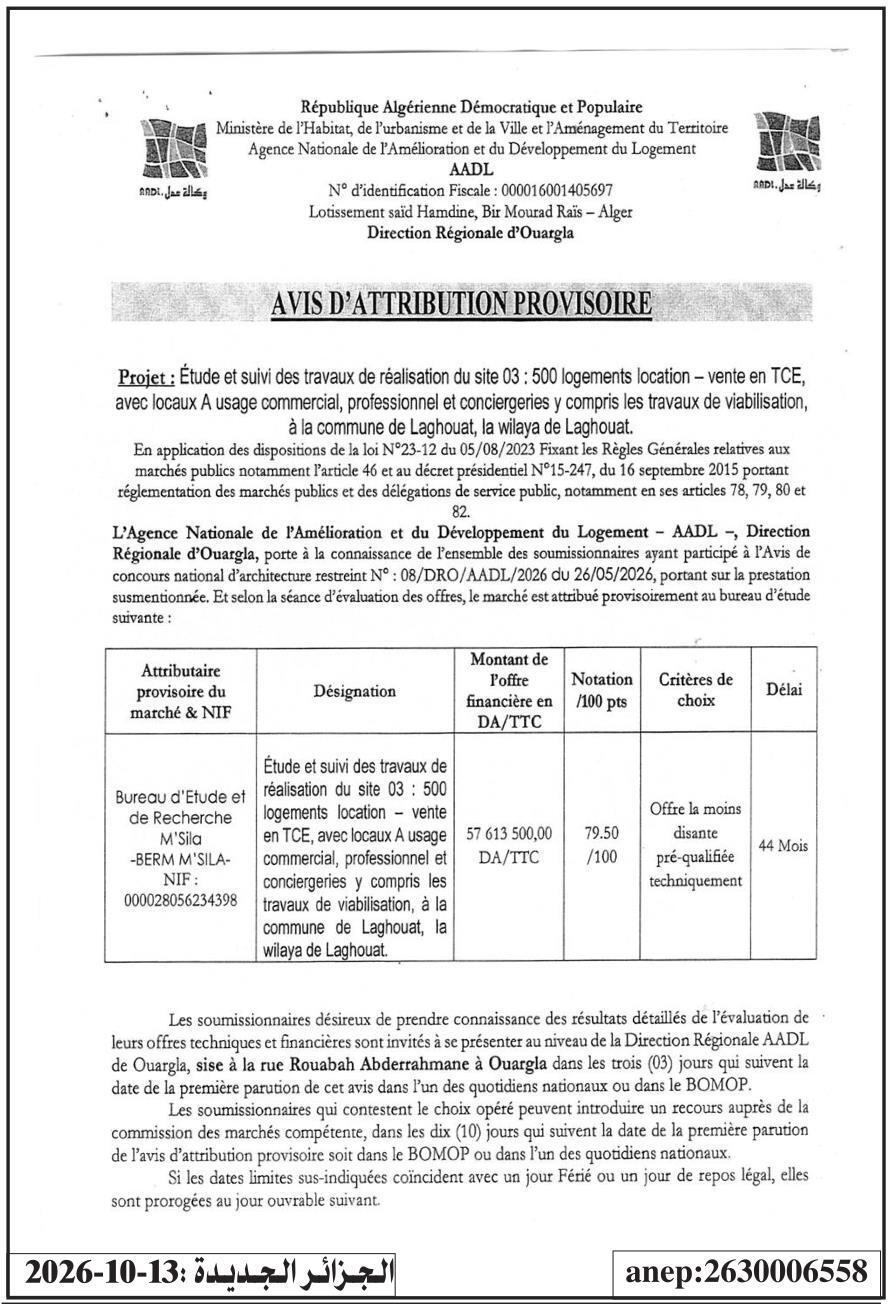 Attribution provisoire des travaux d'étude et suivi pour 500 logements (location-vente) à Laghouat