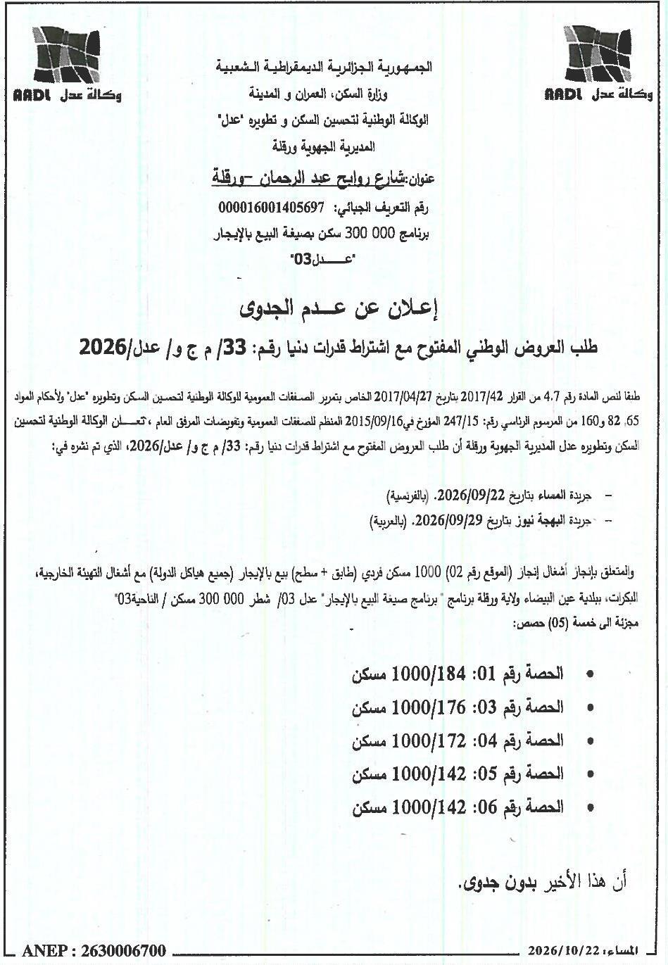 Avis d'infructuosité pour le programme de vente en location de 1000 logements individuels (R+1) à Ain El Beyda (Wilaya de Ouargla)