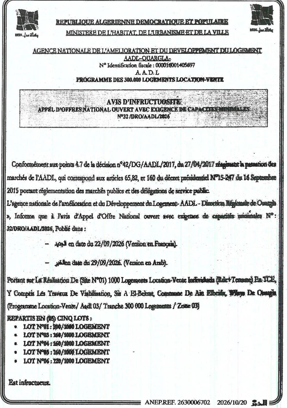 Avis d'infructuosité pour la réalisation de 1000 logements location-vente à El-Belout (Aïn El Beïda, Ouargla)