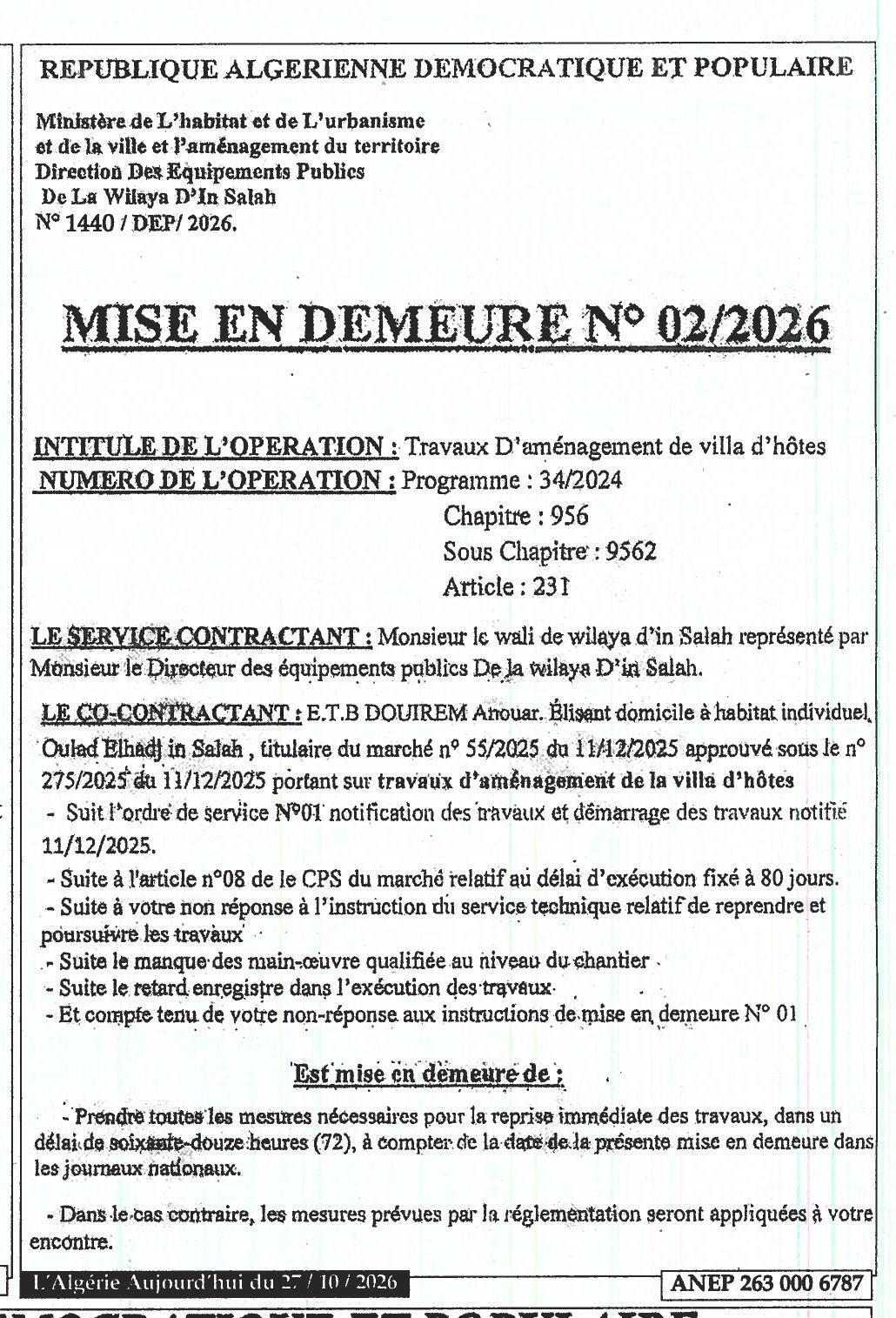 Mise en demeure pour retard dans l'exécution des travaux d'aménagement de villa d'hôtes