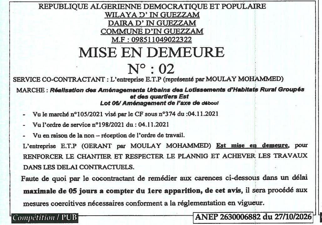 Mise en demeure pour non-respect des délais de travaux d'aménagement urbain