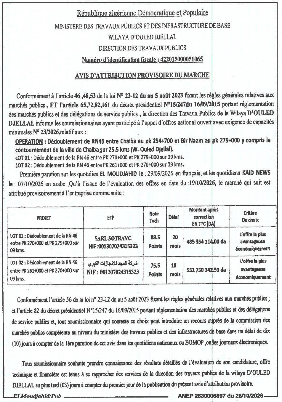 Attribution provisoire des travaux de dédoublement de la RN46 (Lots 01 et 02) entre Chalba et Bir Naam (Wilaya d'Ouled Djellal)
