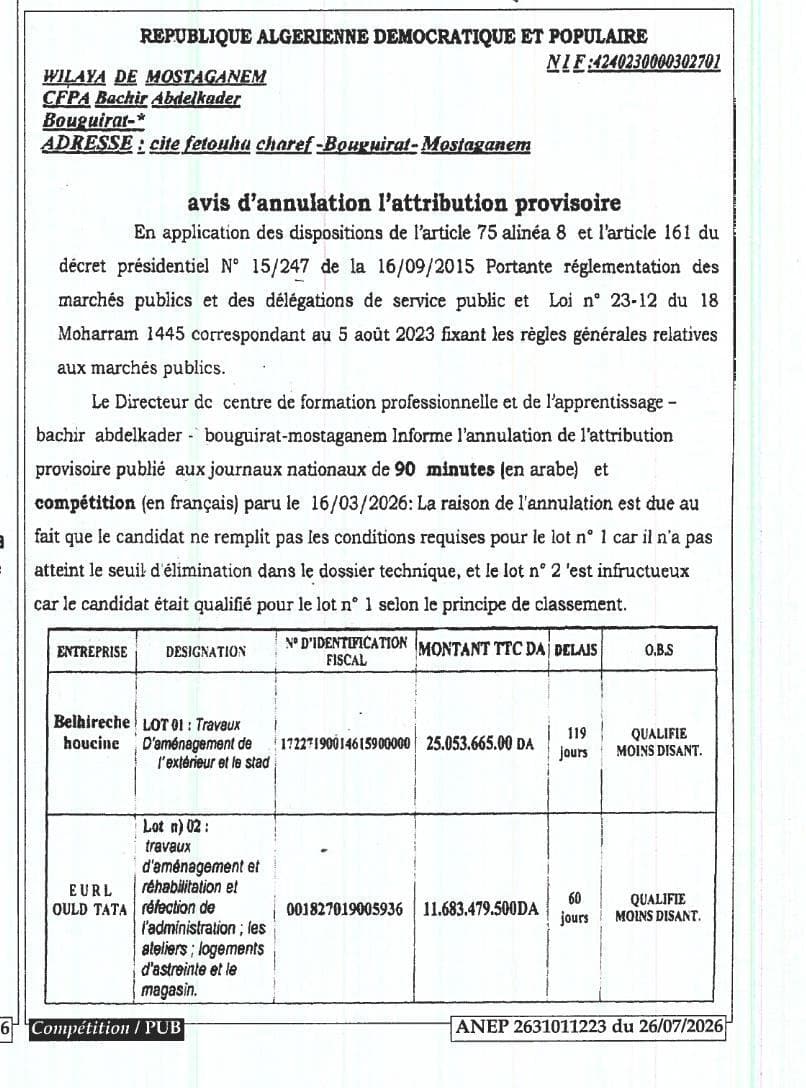 Travaux d'aménagement de l'extérieur et le stad, travaux d'aménagement et réhabilitation et réfection de l'administration ; les ateliers ; logements d'astreinte et le magasin