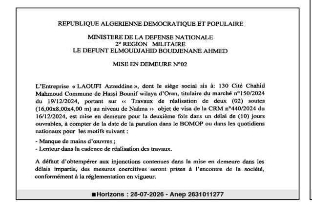Mise en demeure n°02 pour travaux de réalisation de soutes à Naâma
