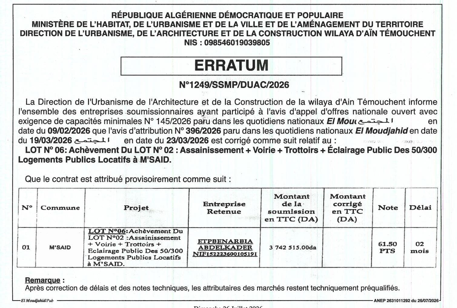 Avis d'attribution provisoire - LOT N°06 : Achèvement du LOT N°02 : Assainissement + Voirie + Trottoirs + Éclairage Public des 50/300 Logements Publics Locatifs à M'SAID