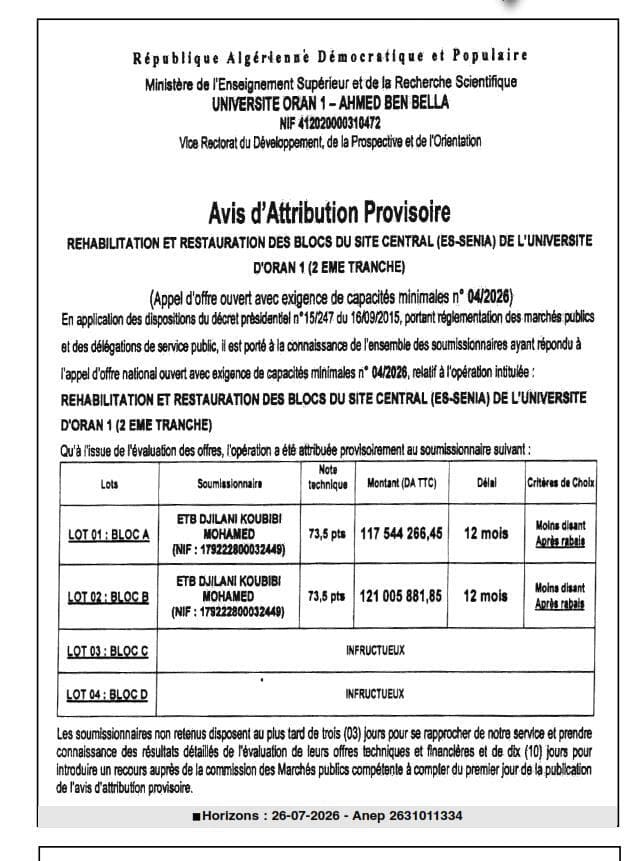 REHABILITATION ET RESTAURATION DES BLOCS DU SITE CENTRAL (ES-SENIA) DE L'UNIVERSITE D'ORAN 1 (2 EME TRANCHE)