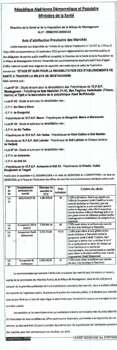 Etude et suivi pour la réhabilitation des établissements de santé à travers la Wilaya (W. Mostaganem)