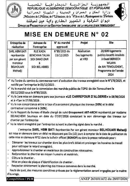 Mise en demeure n° 02 pour non-respect des délais de réalisation de logements publics locatifs