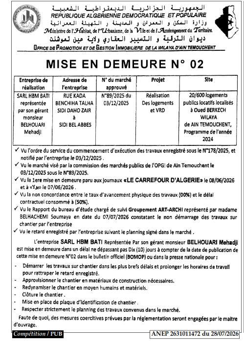 Mise en demeure n° 02 pour non-respect des délais de réalisation de logements publics locatifs