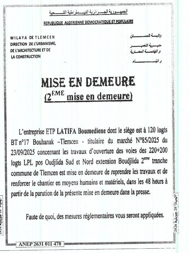 Avis d'avertissement à une entreprise pour reprise de travaux publics
