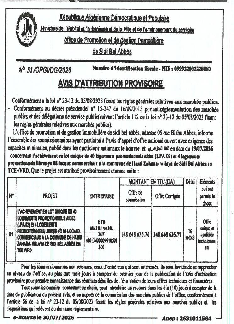 Attribution provisoire de l'achèvement en lot unique de 40 logements promotionnels aides (LPA 02) et 4 logements promotionnels libres yc 08 locaux commerciaux à Hassi Zahana