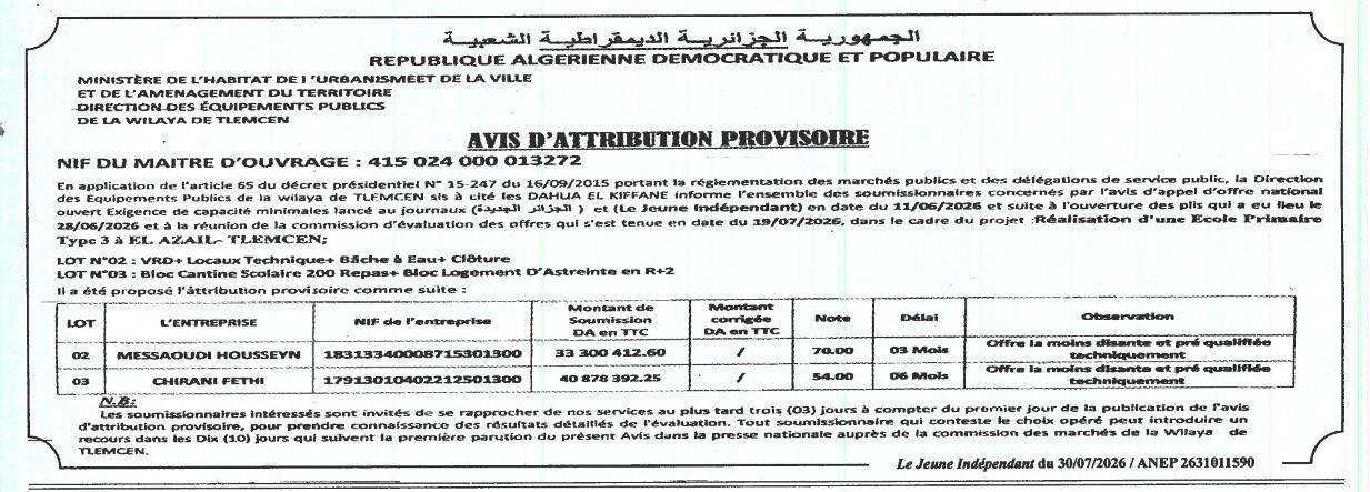 Attribution provisoire de marché pour la réalisation d'une école primaire à El Azaïl (Tlemcen)