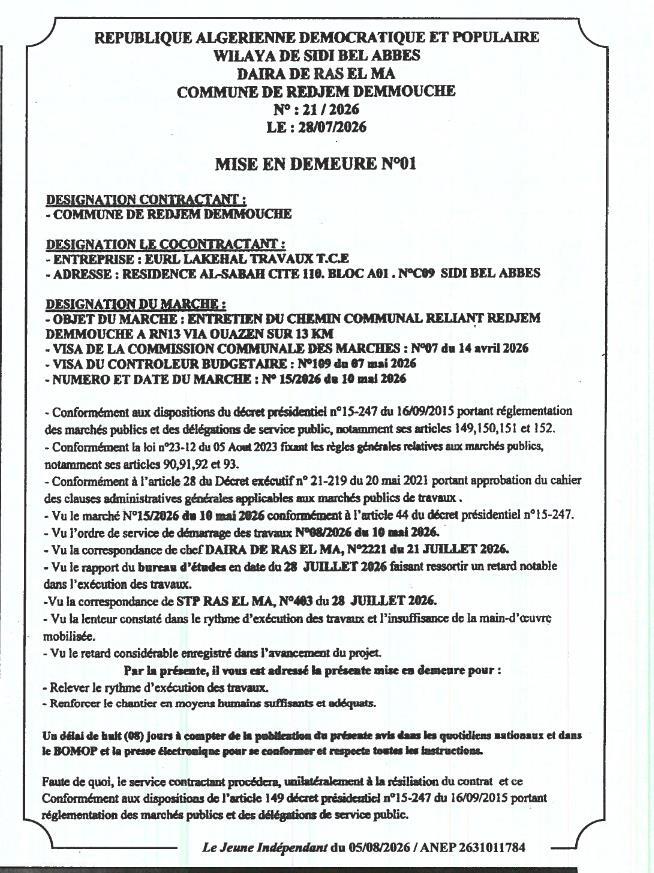 Mise en demeure relative à l'entretien du chemin communal reliant Redjem Demmouche à RN13 via Ouazen sur 13 km