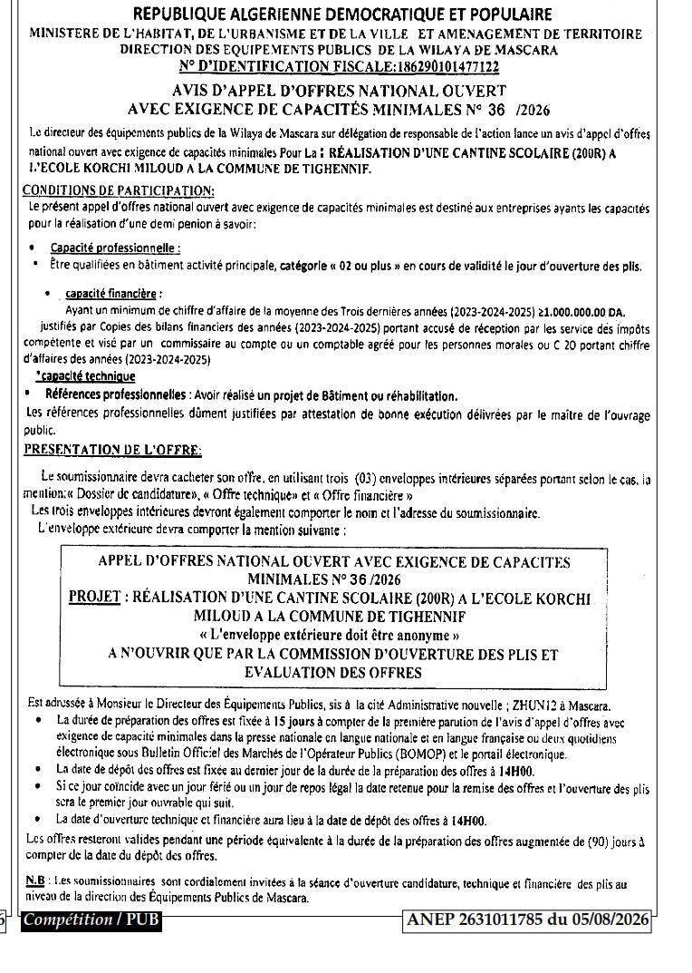 Appel d'offres national ouvert avec exigence de capacités minimales pour la réalisation d'une cantine scolaire à l'école Korchi Miloud à la commune de Tighennif