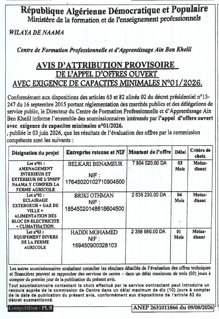 Avis d'attribution provisoire de marché pour l'aménagement intérieur et extérieur d'un centre de formation professionnelle