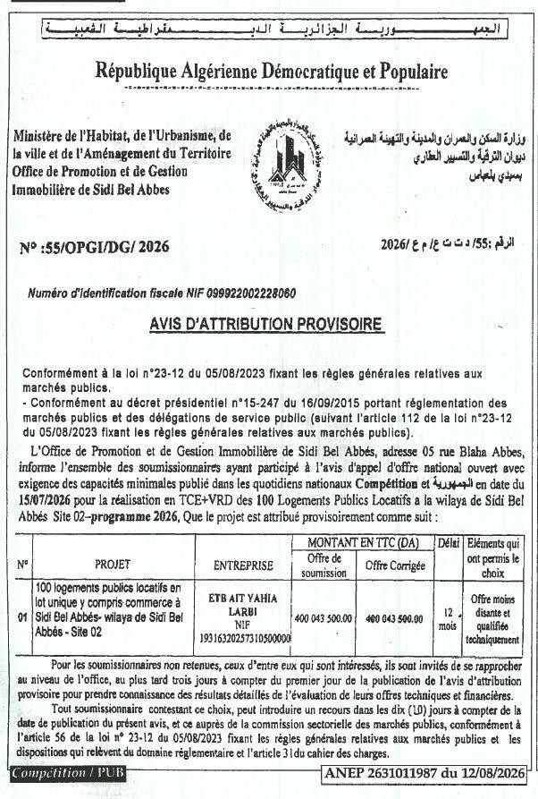 إعلان عن منح مؤقت لإنجاز 100 سكن عمومي إيوائي بسيدي بلعباس